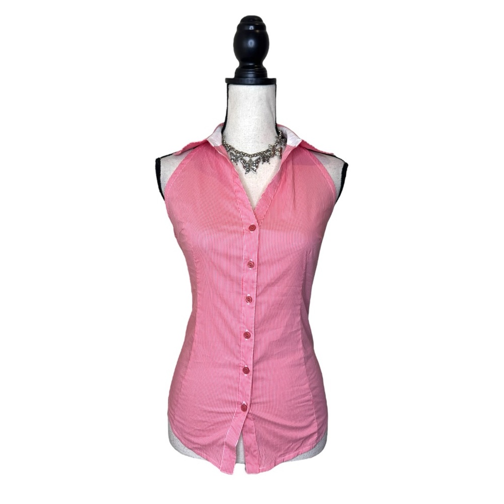 Y2K Forever 21 Pinstripe Salmon Pink Halter Button Up Top Size Medium